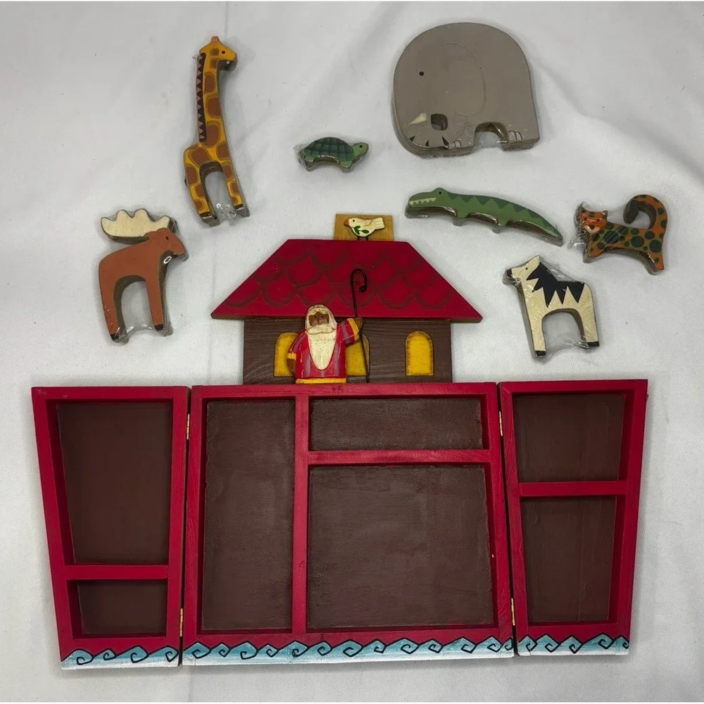 New! Vintage WOODEN Noah & Ark w/7 Pairs Animals Primitive FOLK ART Handpainted